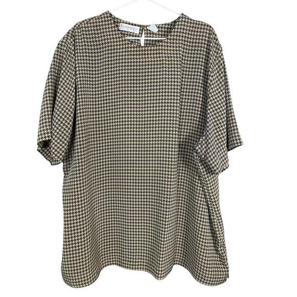 Liz Claiborne Houndstooth Top 22 Tan Classic Old Money Chic Resort Retro Neutral - Picture 1 of 11